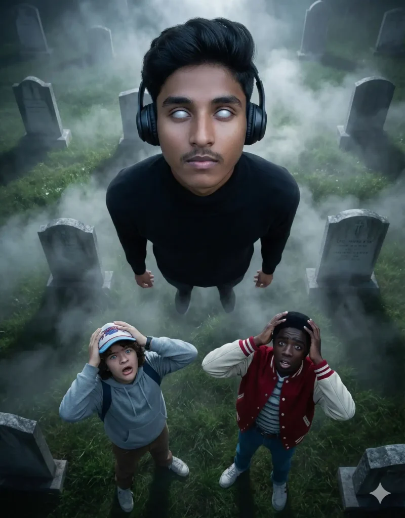 A young man with white eyes floating in a foggy graveyard while two boys look up in shock, created using Google Gemini Stranger Things AI Photo Prompt