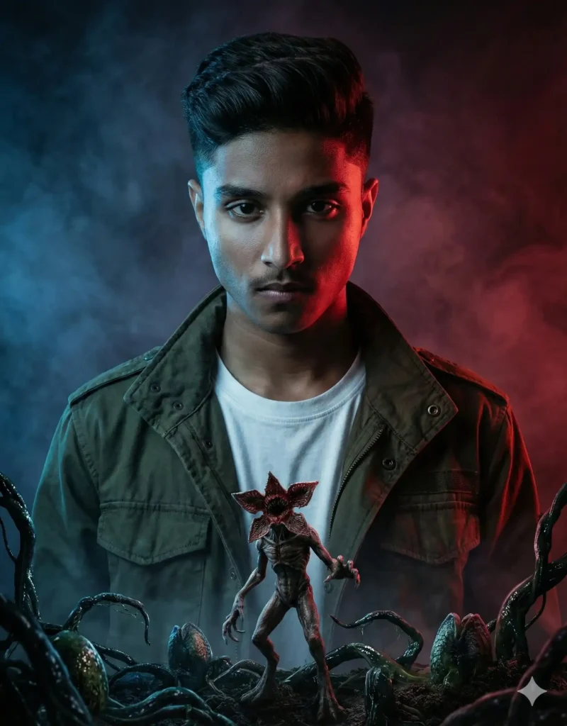 A young man in red and blue dramatic lighting with a small creature standing in front of him, created using Google Gemini Stranger Things AI Photo Prompt