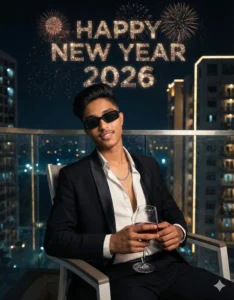 Young man in a black party suit sitting on a balcony chair with fireworks behind him under “Happy New Year 2026,” created using Google Gemini AI New Year 2026 Photo Editing Prompt