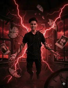 A young man floating in a red lightning-filled room with broken clocks and black vines wrapping around him, created using Google Gemini Stranger Things AI Photo Prompt