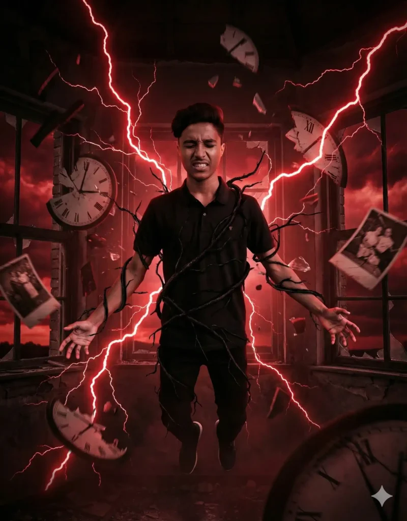 A young man floating in a red lightning-filled room with broken clocks and black vines wrapping around him, created using Google Gemini Stranger Things AI Photo Prompt