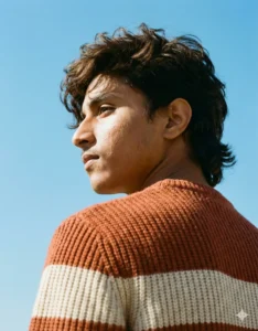 Aesthetic boy in orange knitted sweater looking into distance, clean daylight mood with soft cinematic lighting.