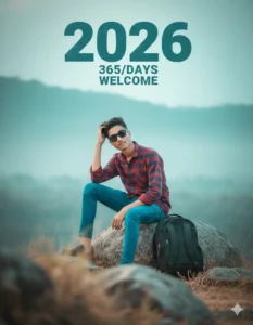 Cinematic portrait of a young Indian girl wearing striped shirt, sunglasses, and backpack walking in a foggy teal landscape, New Year Gemini AI Photo Prompt 2026