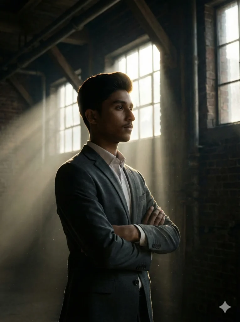 A boy wearing a grey suit standing confidently with arms crossed in a cinematic warehouse setting, inspired by the top 5 Gemini AI photo prompt for boy.