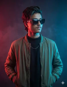 Dual-tone red and blue moody portrait using Google Gemini AI Moody Style Photo Prompt For Boy