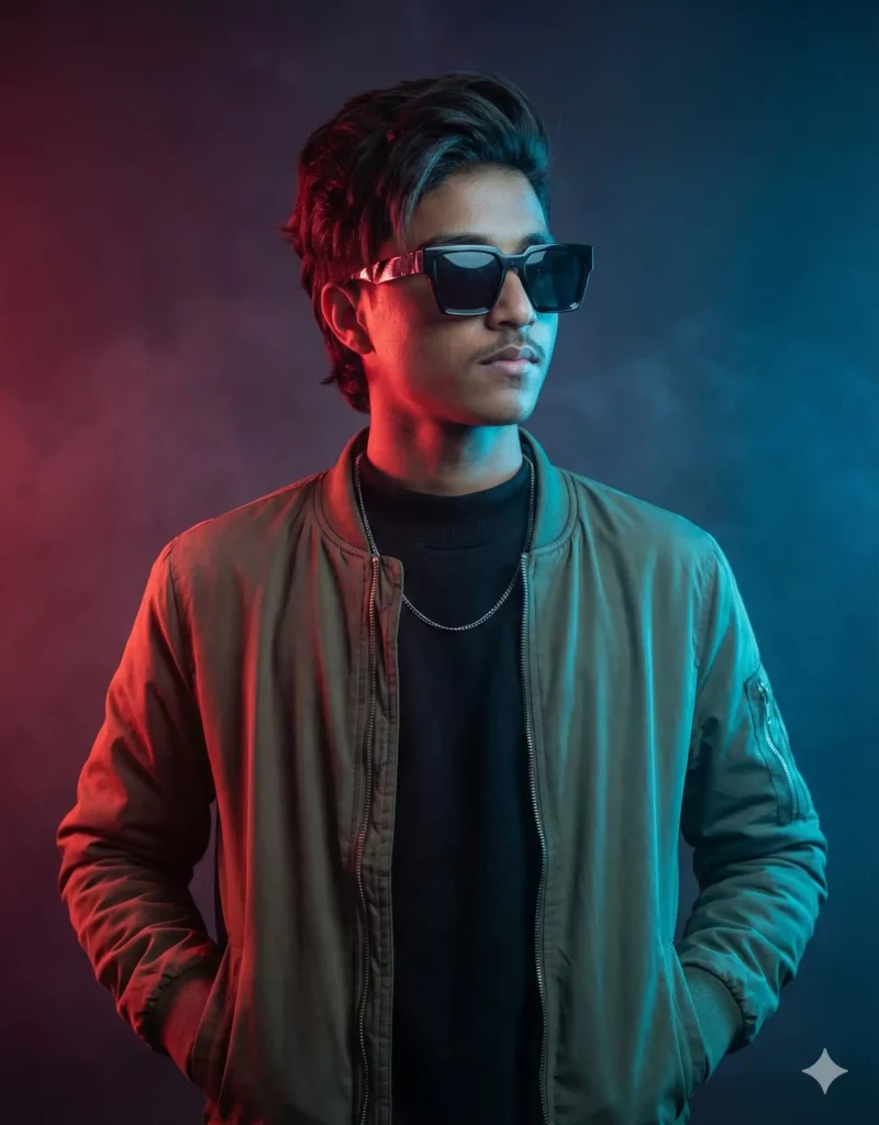 Dual-tone red and blue moody portrait using Google Gemini AI Moody Style Photo Prompt For Boy