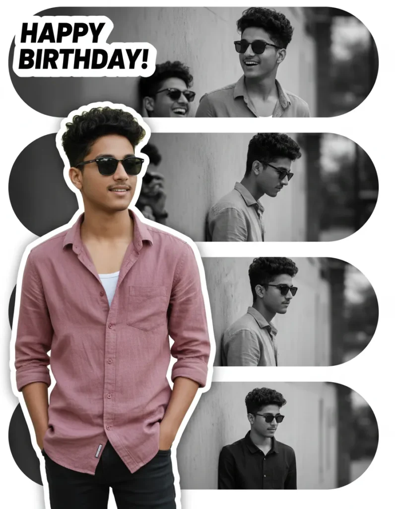 Birthday boy collage in casual outfit with black-and-white side portraits created using gemini birthday AI photo Prompt for boy.