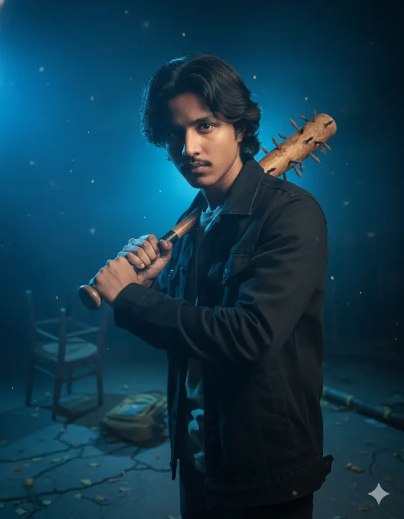 A boy posing with a spiked bat in a dark blue foggy environment, created with Trending Gemini AI Stranger Things Season 5 Photo Prompt.