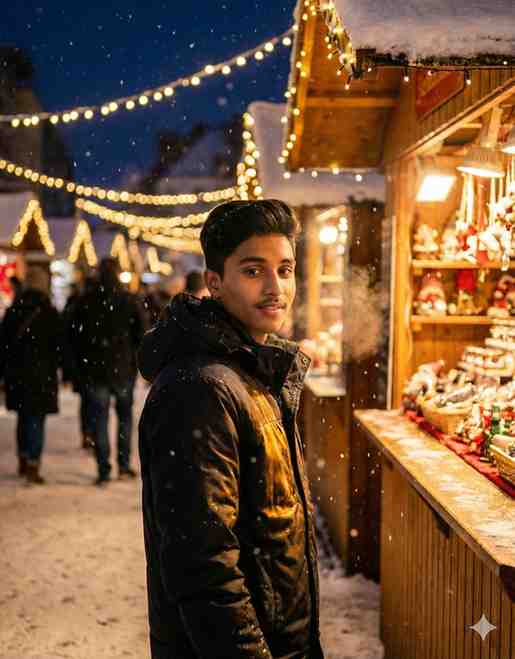 Boy at a Christmas market stall in snowfall edited with Google Gemini Christmas AI Photo Editing Prompts for Boys.