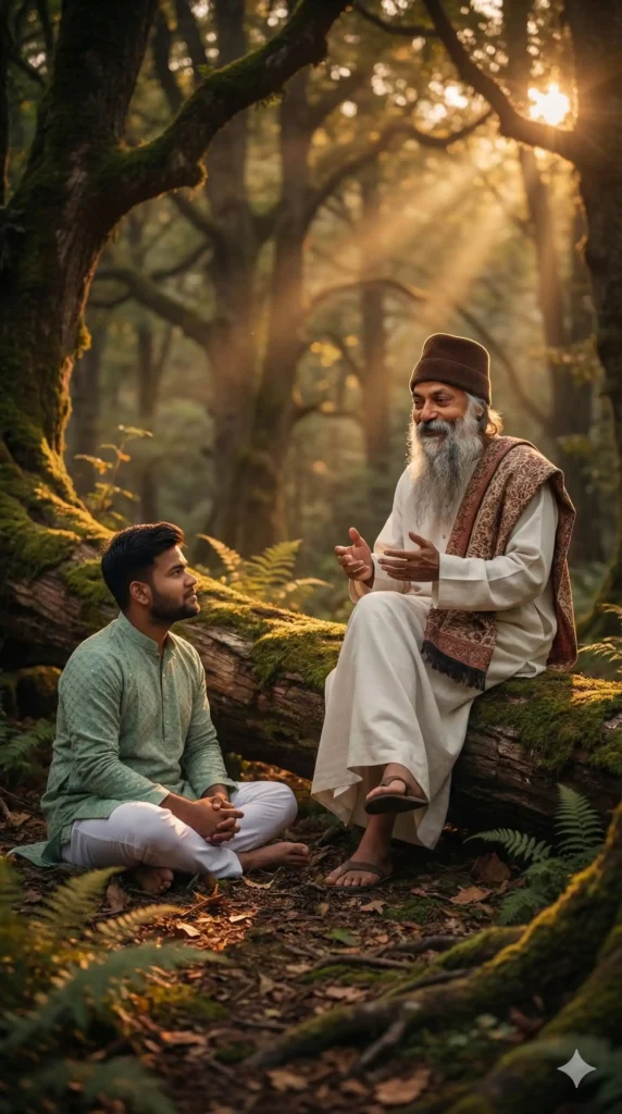 Osho Teaching session in the forest created using Google Gemini Osho AI Photo Editing Prompt, featuring a guru sitting on a mossy log. Osho Photo Prompt.