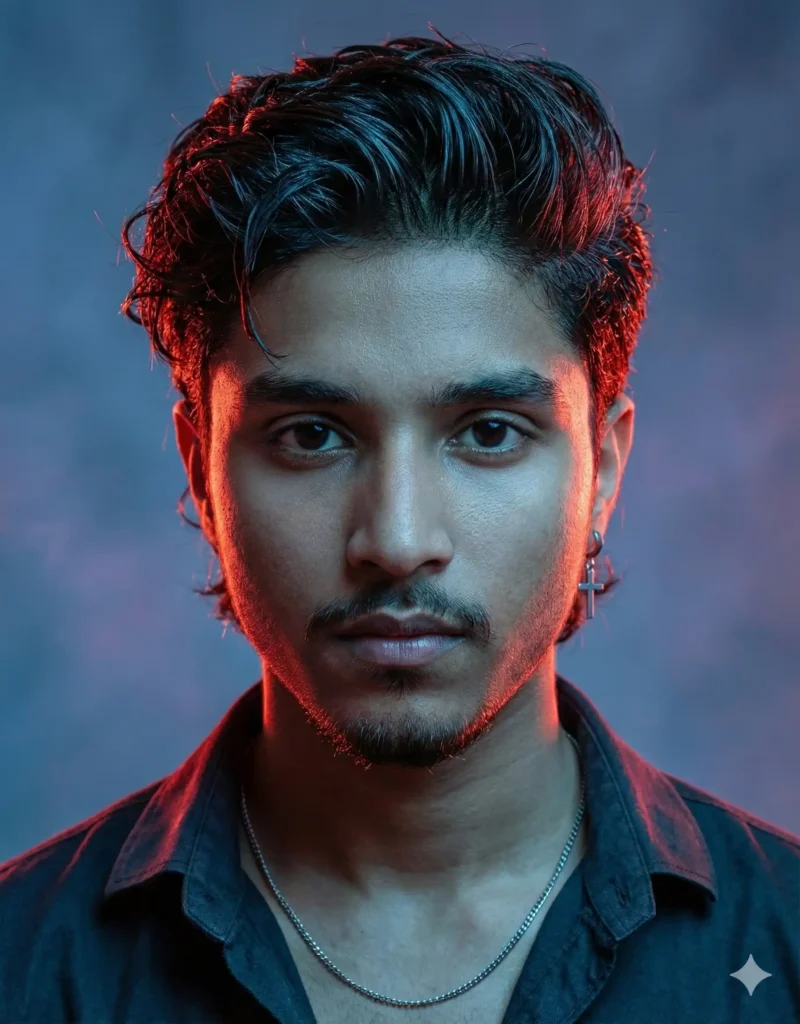 Intense close-up portrait with red rim light using Google Gemini AI Moody Style Photo Prompt For Boy