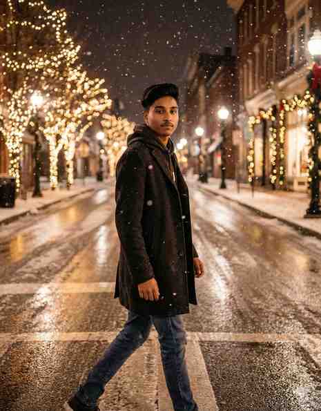 Boy crossing a snowy street decorated with Christmas lights created using Google Gemini Christmas AI Photo Editing Prompts for Boys.