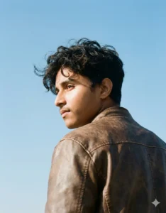 Aesthetic boy portrait in a brown leather jacket looking sideways under clear sky, soft sunlight, cinematic Gemini-style vibe