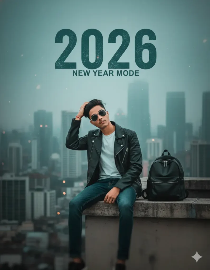Cinematic portrait of a young Indian girl wearing striped shirt, sunglasses, and backpack walking in a foggy teal landscape, New Year Gemini AI Photo Prompt 2026.