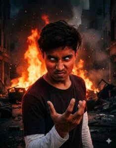 A young man with white glowing eyes standing in front of a burning city scene while posing with a supernatural hand gesture, created using Google Gemini Stranger Things AI Photo Prompt.