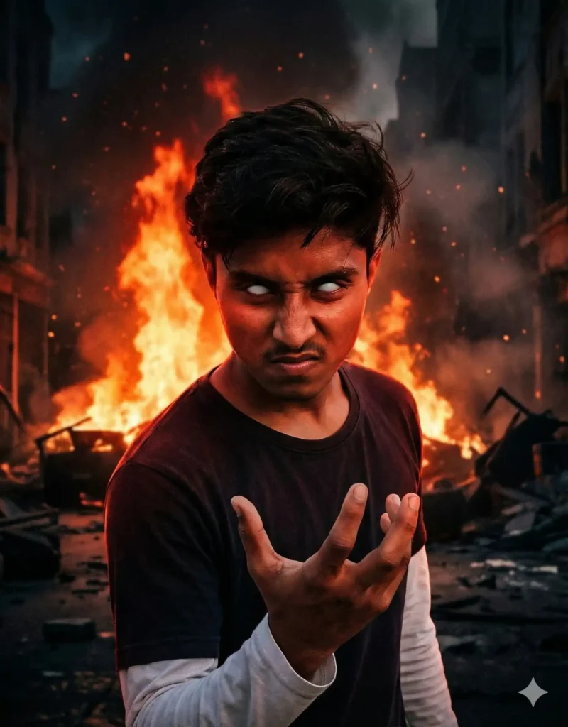 A young man with white glowing eyes standing in front of a burning city scene while posing with a supernatural hand gesture, created using Google Gemini Stranger Things AI Photo Prompt.