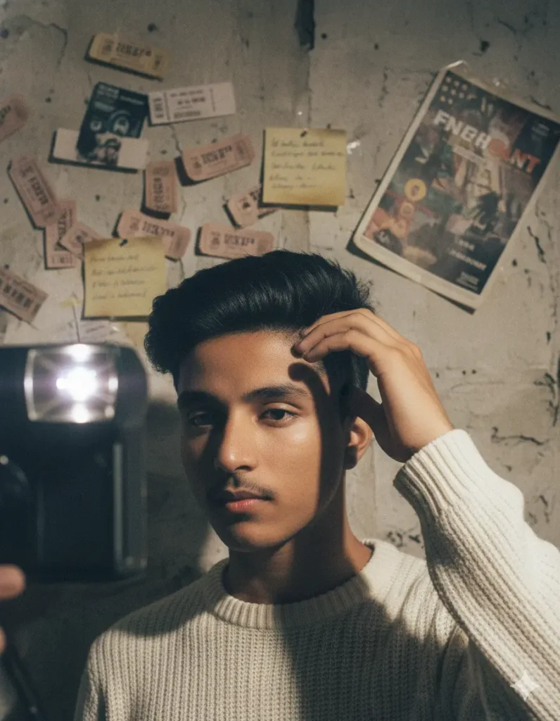 Aesthetic boy portrait with mirror flash light using the 5 Gemini AI aesthetic photo Prompt