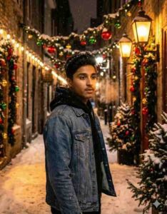 Boy standing in a snowy Christmas alley with warm lights, created using Google Gemini Christmas AI Photo Editing Prompts for Boys.
