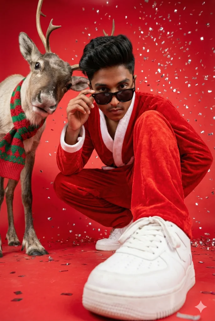 A cool Christmas portrait of a young man in a Santa suit adjusting his sunglasses next to a festive reindeer, enhanced for trending Christmas AI photo editing Prompt 2025.