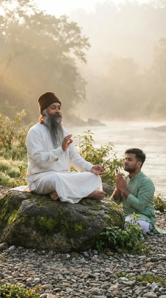 Peaceful riverside meditation scene Osho created using Google Gemini Osho AI Photo Editing Prompt, featuring a guru meditating on a rock and a student praying beside him. Osho Photo Prompt.
