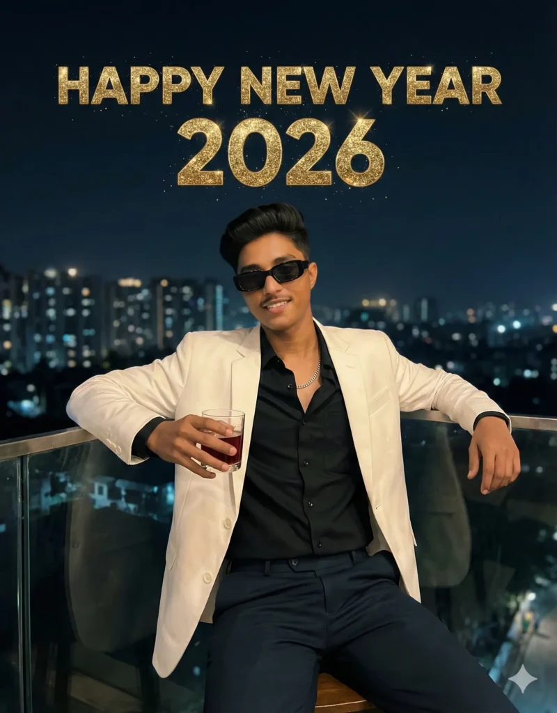 Young man in a white blazer smiling while holding a drink on a balcony under “Happy New Year 2026,” edited with Google Gemini AI New Year 2026 Photo Editing Prompt