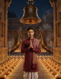 Young man holding a copper Kalash at night in a diya-lit temple setting using the Gemini Kashi Vishwanath Temple AI Photo Prompt.