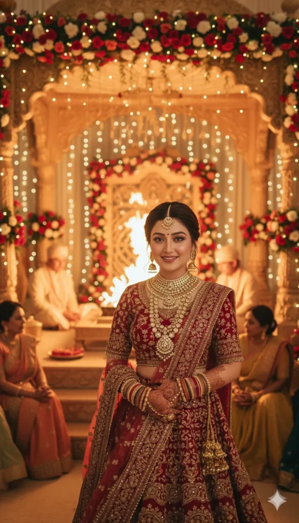 “Close-up red bridal portrait with golden bokeh lights created using Gemini AI Wedding Photo Prompt.”