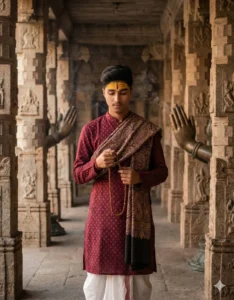 Young man holding a Rudraksha mala inside a carved stone temple corridor using the Gemini Kashi Vishwanath Temple AI Photo Prompt