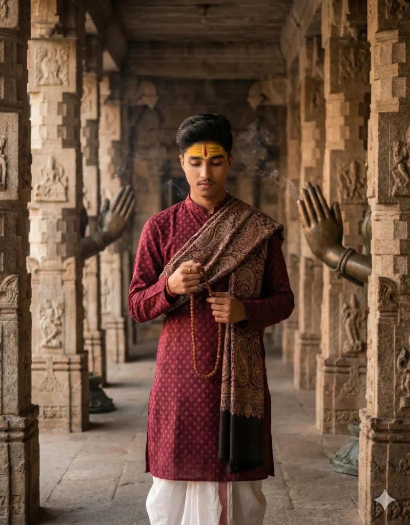 Young man holding a Rudraksha mala inside a carved stone temple corridor using the Gemini Kashi Vishwanath Temple AI Photo Prompt