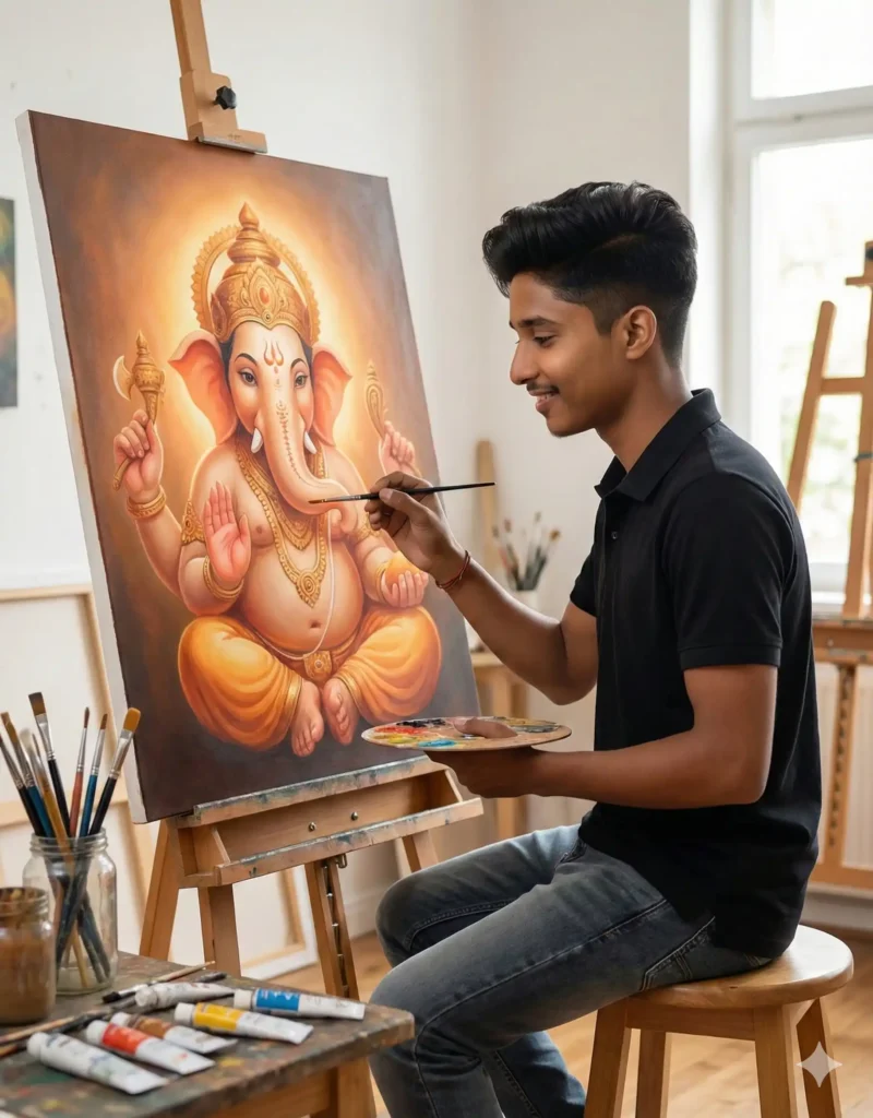 Artist painting a vibrant Lord Ganesha artwork using the Gemini Hindu God Painting AI Photo Editing Prompt aesthetic. Scipuz