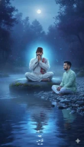 Night-time riverside meditation scene created using Google Gemini Osho AI Photo Editing Prompt with mystical blue glow Osho Photo Prompt.
