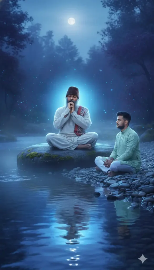 Night-time riverside meditation scene created using Google Gemini Osho AI Photo Editing Prompt with mystical blue glow Osho Photo Prompt.