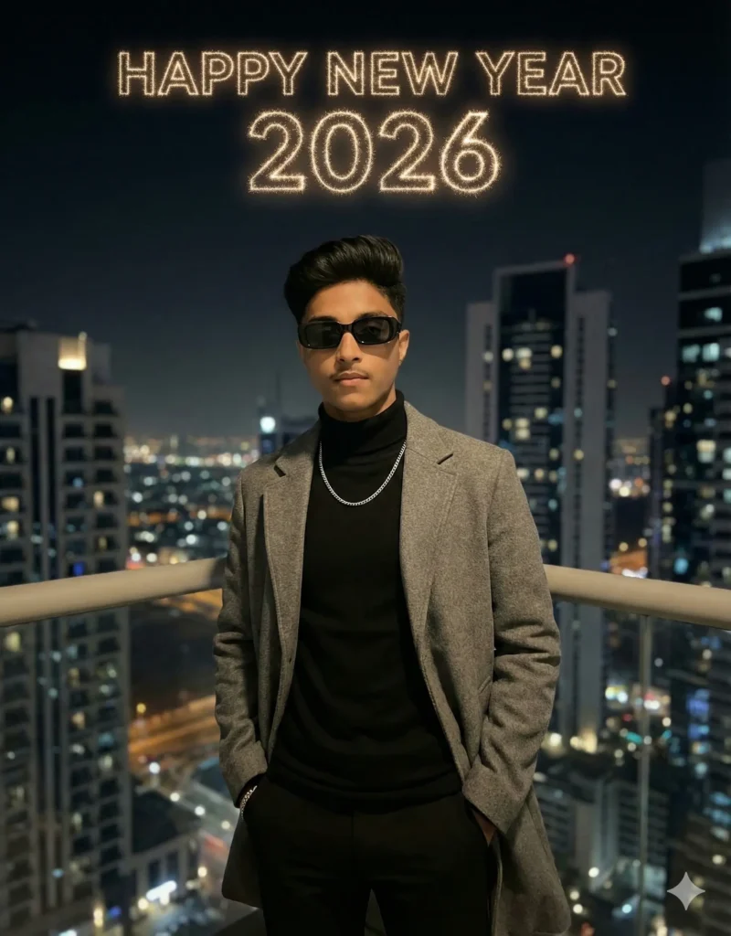 Young man wearing a grey overcoat and black turtleneck posing under glowing “Happy New Year 2026,” edited using Google Gemini AI New Year 2026 Photo Editing Prompt