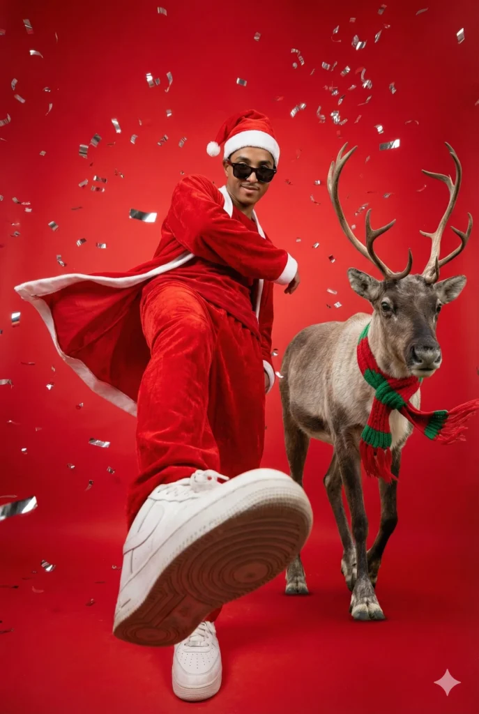 Young man in a Santa outfit squatting confidently beside a reindeer with falling confetti, styled for trending Christmas AI photo editing Prompt 2025