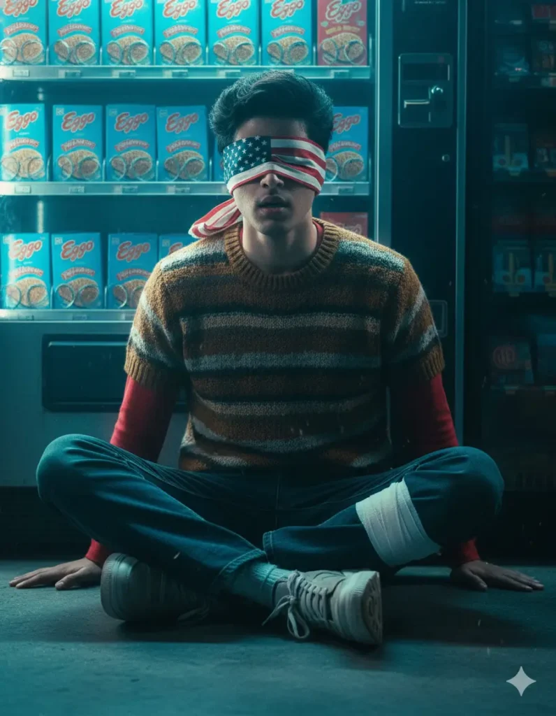 A boy blindfolded with an American flag sitting in front of Eggo boxes, made using Trending Gemini AI Stranger Things Season 5 Photo Prompt.