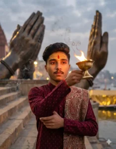 Young man performing aarti with a brass diya using the Gemini Kashi Vishwanath Temple AI Photo Prompt, standing near giant Namaste sculptures at the temple ghat