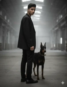 Dark luxury Gemini AI photo prompt for boy standing in black blazer with black T-shirt and Doberman dog in abandoned warehouse