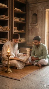 Osho reading ancient scriptures with his disciple in a warm indoor setting using Google Gemini Osho AI Photo Editing Prompt. Osho Photo Prompt.