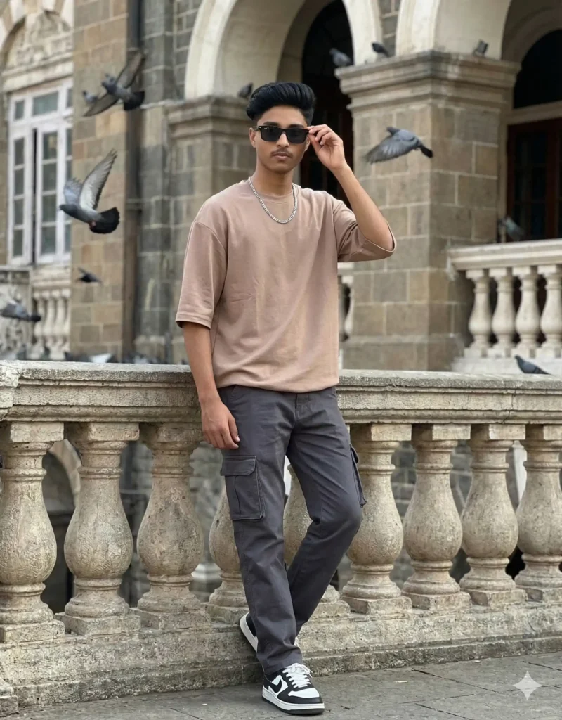 Boy posing in a beige oversized T-shirt and charcoal cargo pants with sunglasses at historic building – suitable for 5 Gemini AI Photo Editing Prompts for Boys 2025. Scipuz