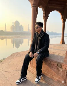 Boy sitting near archway facing Taj Mahal during sunrise using New Gemini AI Photo Prompt For Boy 2025