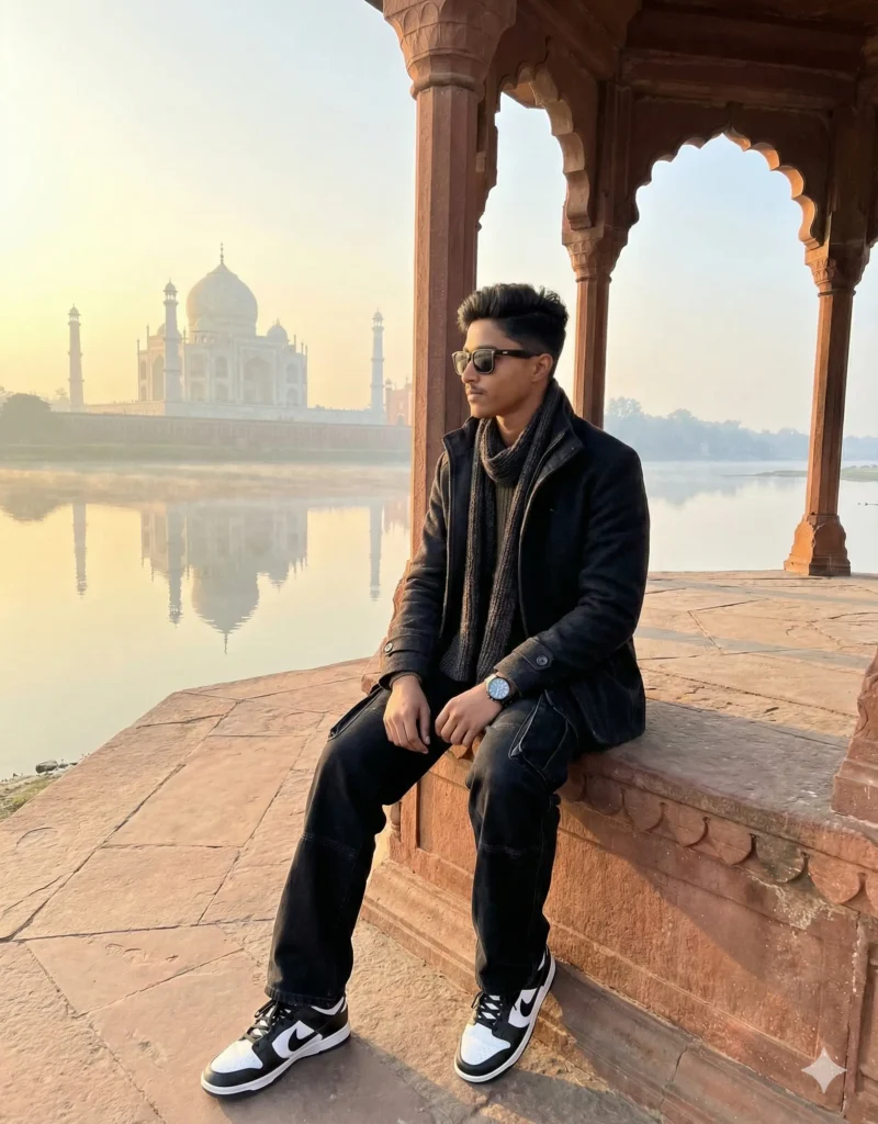 Boy sitting near archway facing Taj Mahal during sunrise using New Gemini AI Photo Prompt For Boy 2025