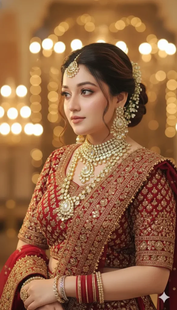 “Close-up red bridal portrait with golden bokeh lights created using Gemini AI Wedding Photo Prompt.”
