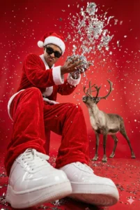 Dynamic Christmas portrait of a Santa-dressed young man kicking toward the camera with a reindeer beside him, created for trending Christmas AI photo editing Prompt 2025.