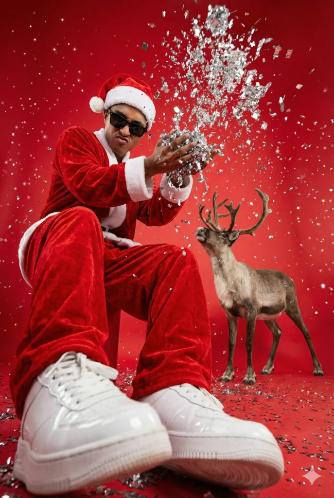 Dynamic Christmas portrait of a Santa-dressed young man kicking toward the camera with a reindeer beside him, created for trending Christmas AI photo editing Prompt 2025.