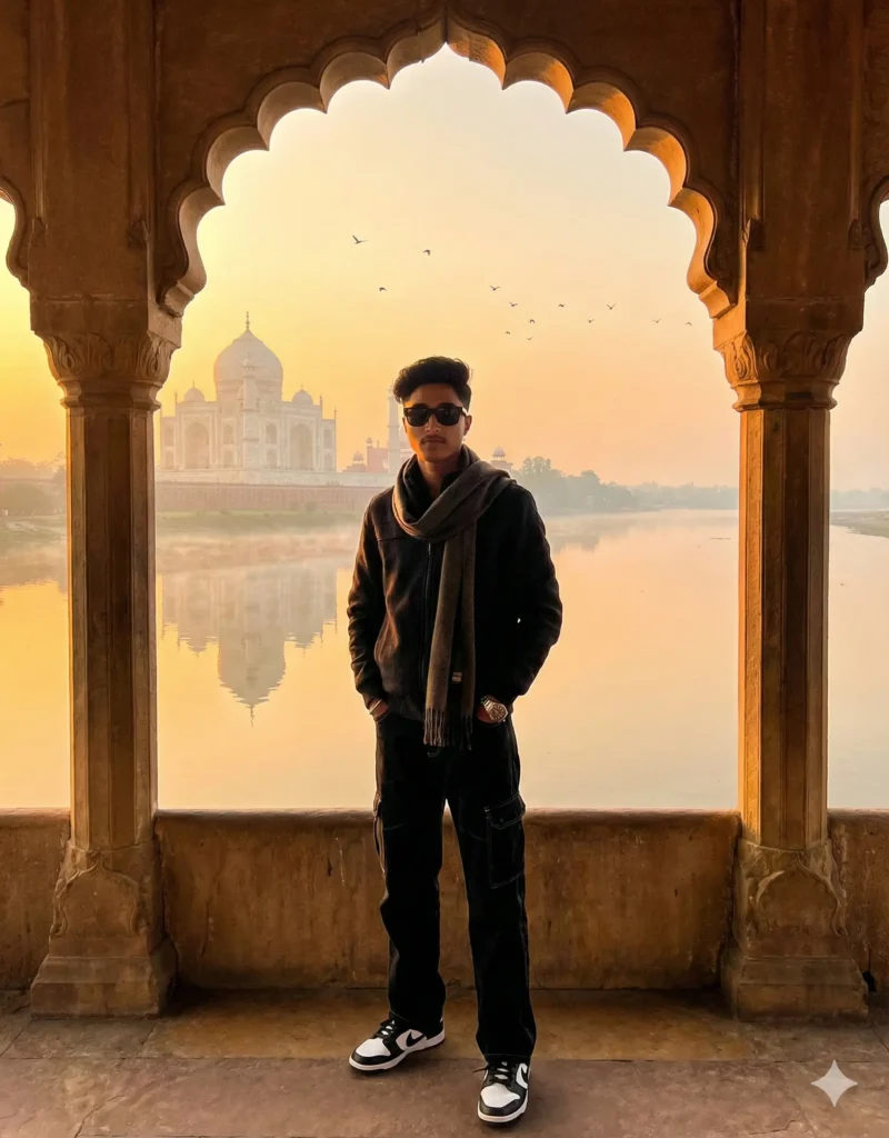 Full-body portrait of boy with Taj Mahal behind him using New Gemini AI Photo Prompt For Boy 2025