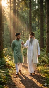 Guru and disciple walking through a forest with sun rays using Google Gemini Osho AI Photo Editing Prompt  Osho Photo Prompt.