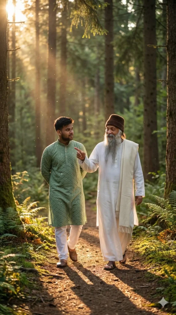 Guru and disciple walking through a forest with sun rays using Google Gemini Osho AI Photo Editing Prompt Osho Photo Prompt.