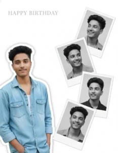 Minimal white birthday portrait layout of a boy with polaroid-style photos generated using gemini birthday AI photo Prompt for boy.