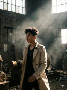 A young boy in a black suit with dramatic sunlight and fog behind him, captured in a cinematic warehouse atmosphere inspired by the top 5 Gemini AI photo prompt for boy