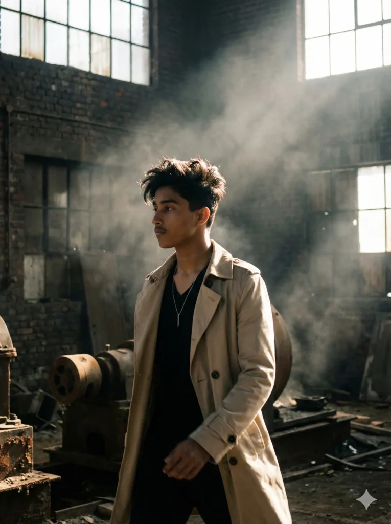 A young boy in a black suit with dramatic sunlight and fog behind him, captured in a cinematic warehouse atmosphere inspired by the top 5 Gemini AI photo prompt for boy